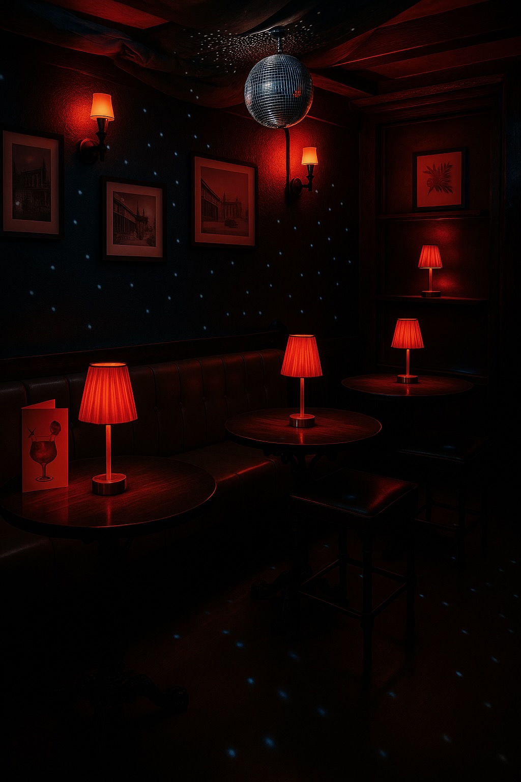 Red-lit lounge tables inside the private venue