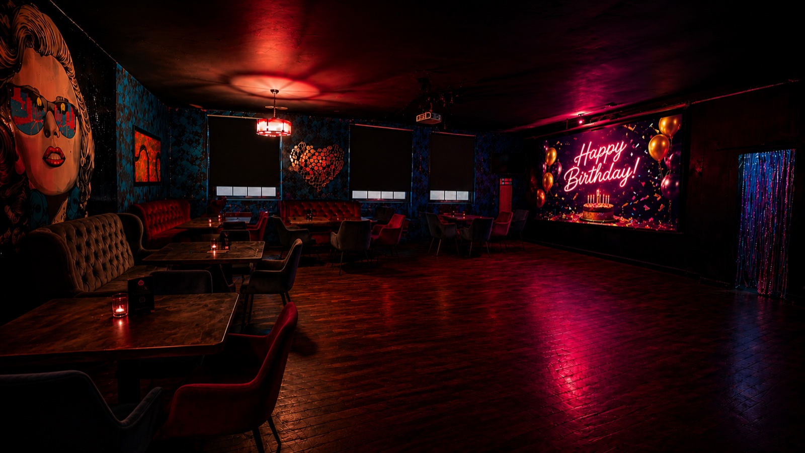 Moody London Karaoke Club birthday lounge with neon lighting