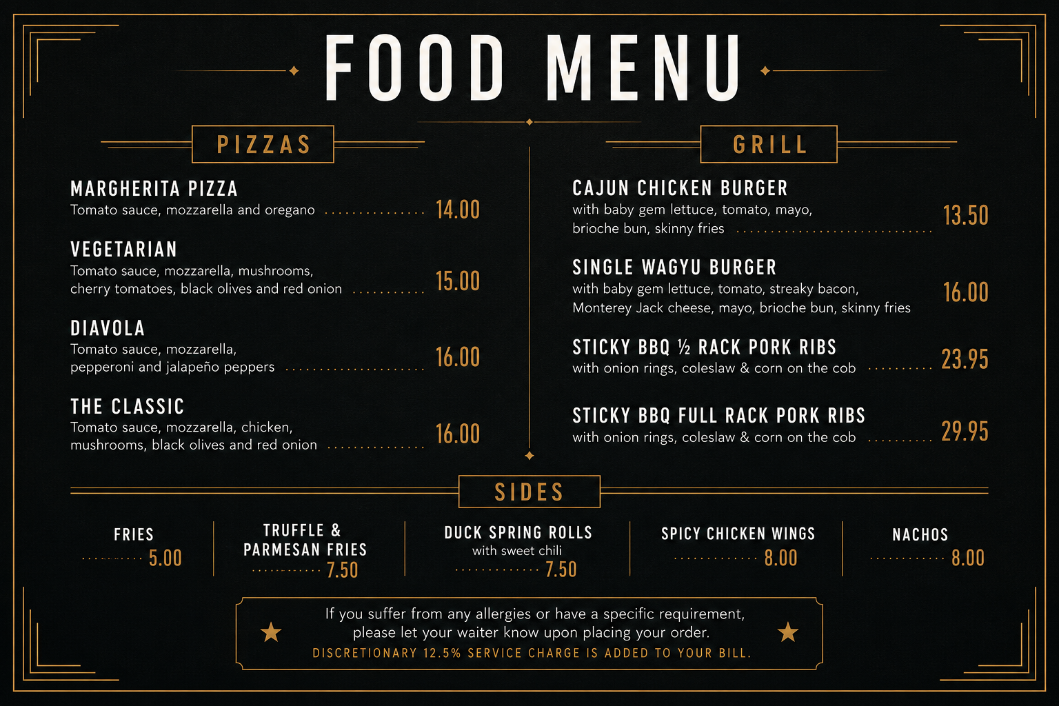 London Karaoke Club food menu showing pizzas, grill dishes, sides, prices and allergy notice